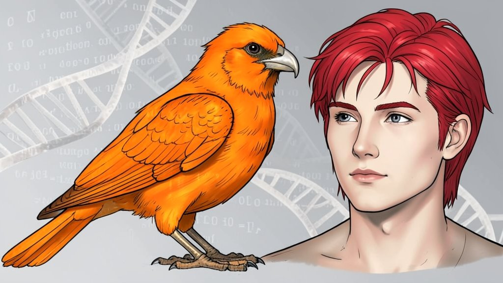A detailed illustration of a bird with vibrant orange plumage and a human with red hair, highlighting the similarities in their pigmentation, with a subtle background of genetic code or DNA helices.