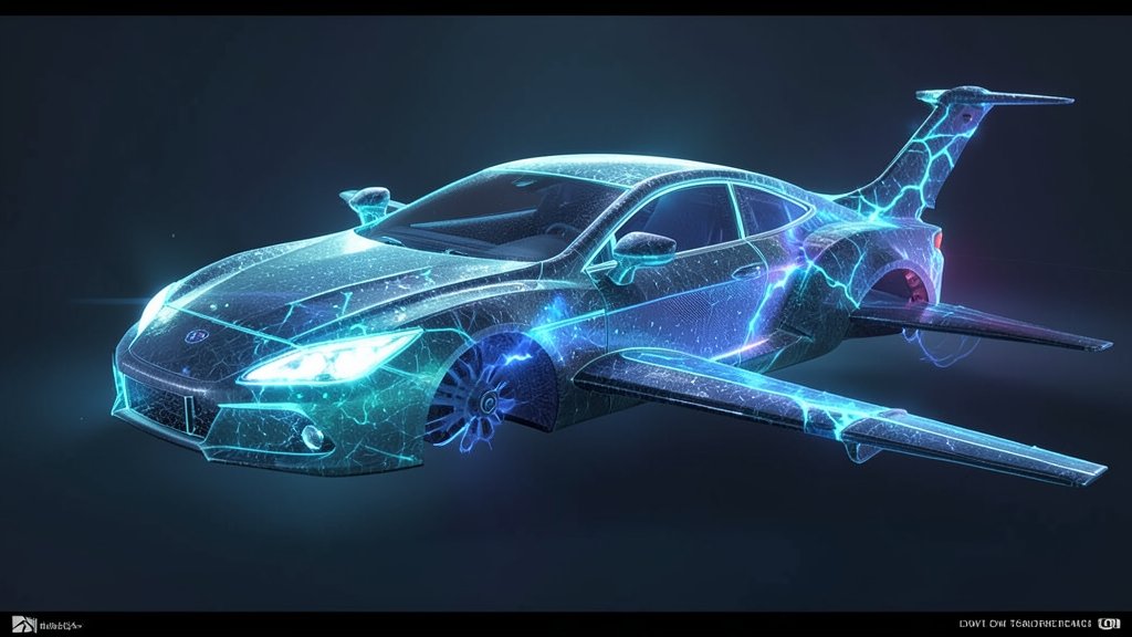 A futuristic illustration of a car or airplane made from thermoplastic composites, with a subtle glow representing the application of low-temperature plasma technology.
