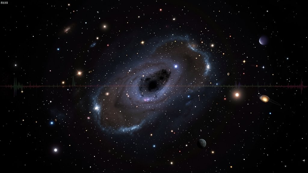 An AI-generated image of a galaxy cluster with a subtle, glowing representation of dark matter, surrounded by stars, gas, and other celestial objects, with a faint X-ray spectrum in the background.