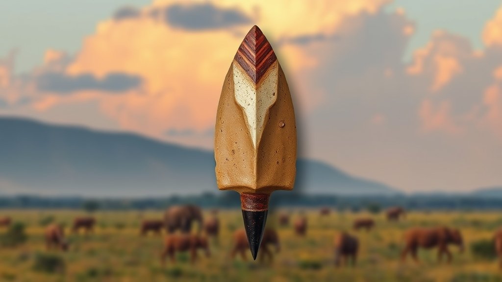 An illustration of a 60,000-year-old arrowhead with a poison tip, discovered in South Africa, with a backdrop of the African savannah.