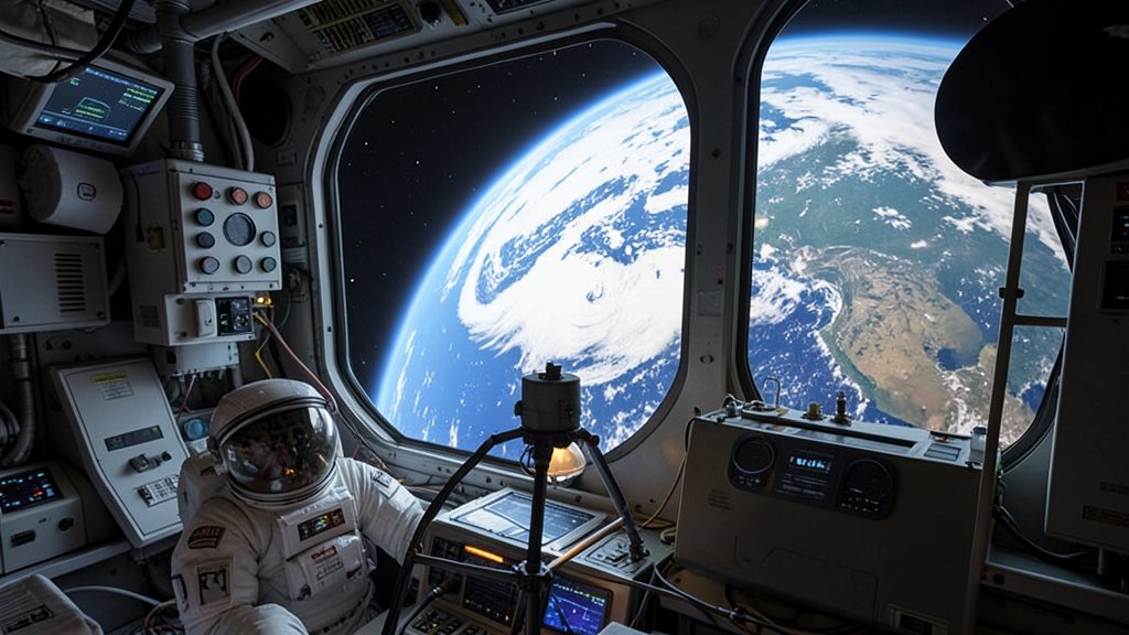 An astronaut looking out of the window of the International Space Station, with the Earth visible in the background, and a mix of scientific equipment and spacecraft in the foreground.