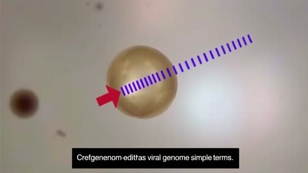 A microscopic image of a cell with a CRISPR-Cas12a3 complex editing a viral genome, with a caption explaining the process in simple terms.