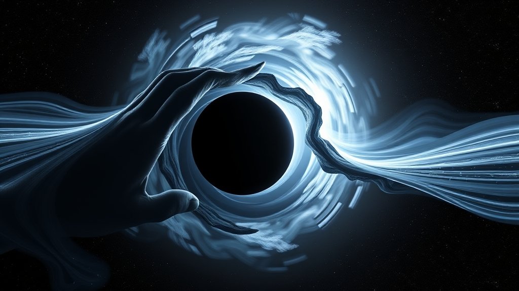 An artistic representation of gravitational waves emanating from a black hole merger, with a subtle hint of dark matter presence in the background.