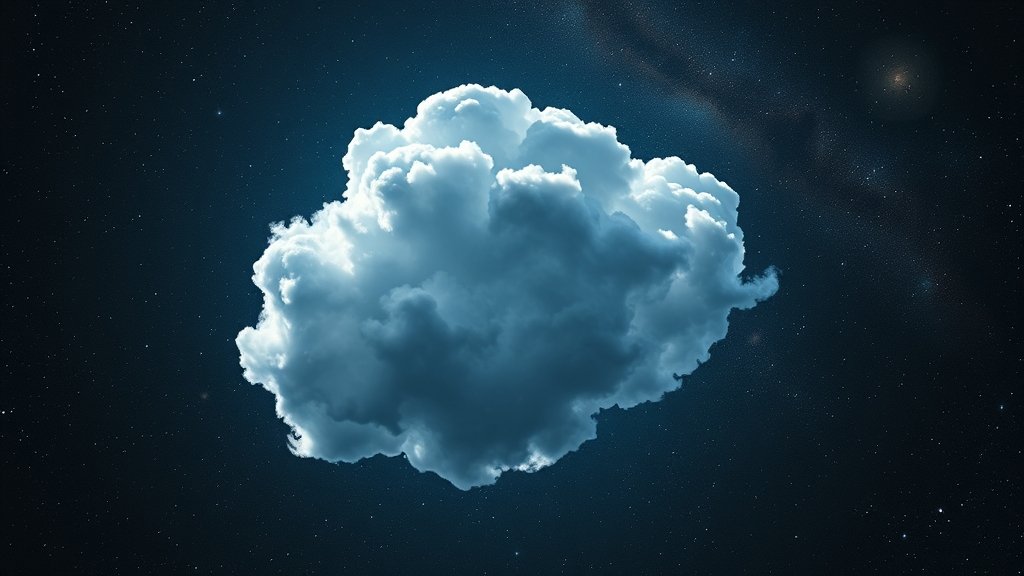 An artistic representation of the Cloud-9 object in deep space, with the Hubble telescope in the background, surrounded by stars and galaxies.