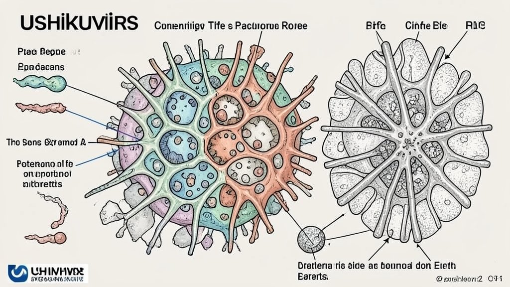An illustration of the Ushikuvirus structure and its potential role in the origin of life on Earth