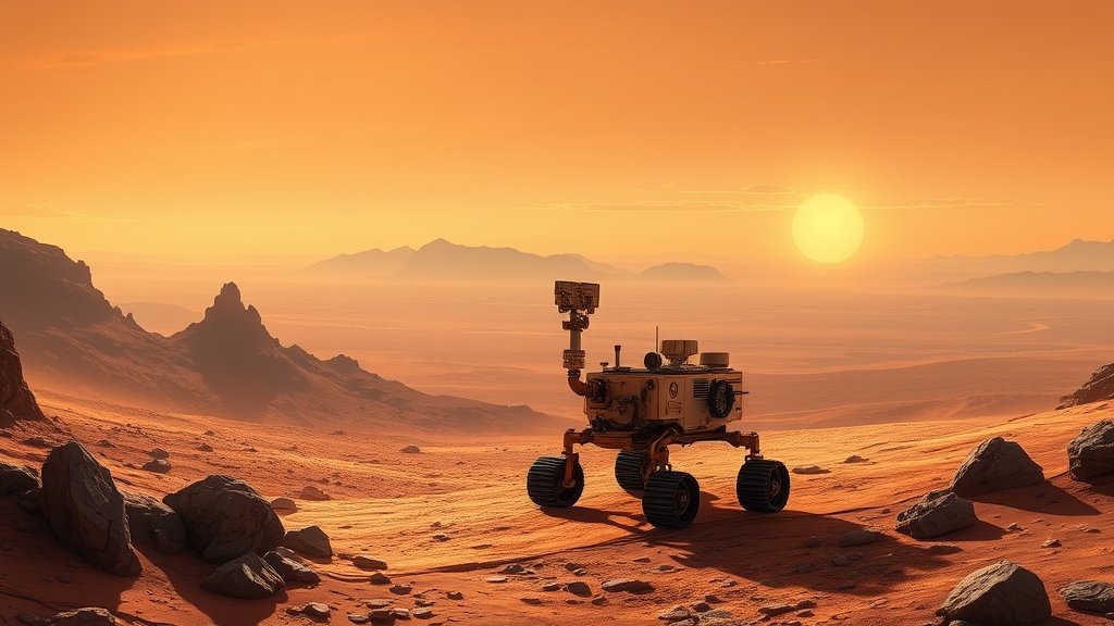 A futuristic illustration of the Perseverance rover exploring the Jezero Crater on Mars, with a stunning Martian landscape in the background, including rocky hills, vast plains, and a distant sunset.