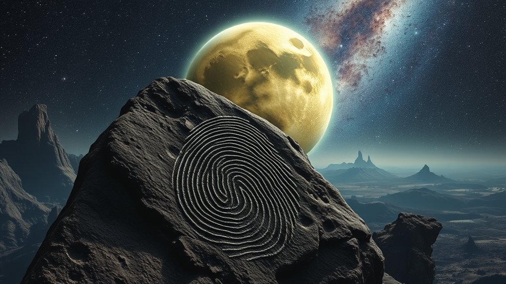 A mysterious ancient fingerprint on a rock with a lemon-shaped planet in the background, surrounded by a surreal landscape with stars and galaxies