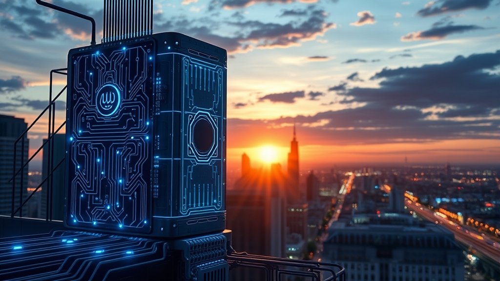 A futuristic illustration of a quantum computer with glowing blue circuits and a backdrop of a cityscape at sunset, symbolizing the dawn of a new era in computing.