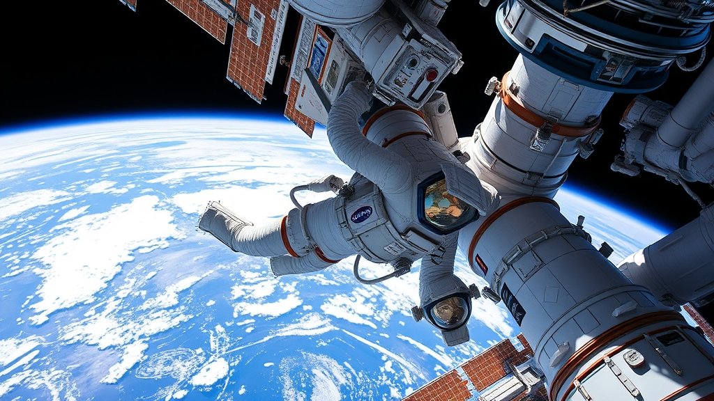 A photo of the International Space Station with a spacewalk in progress, highlighting the risks and challenges faced by astronauts in space.