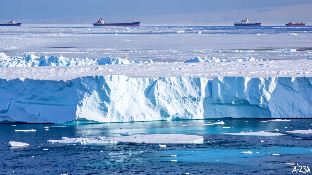 A detailed image of the iceberg A-23A with visible meltwater and a blue tint, set against the backdrop of the Antarctic landscape with a few research ships in the distance.