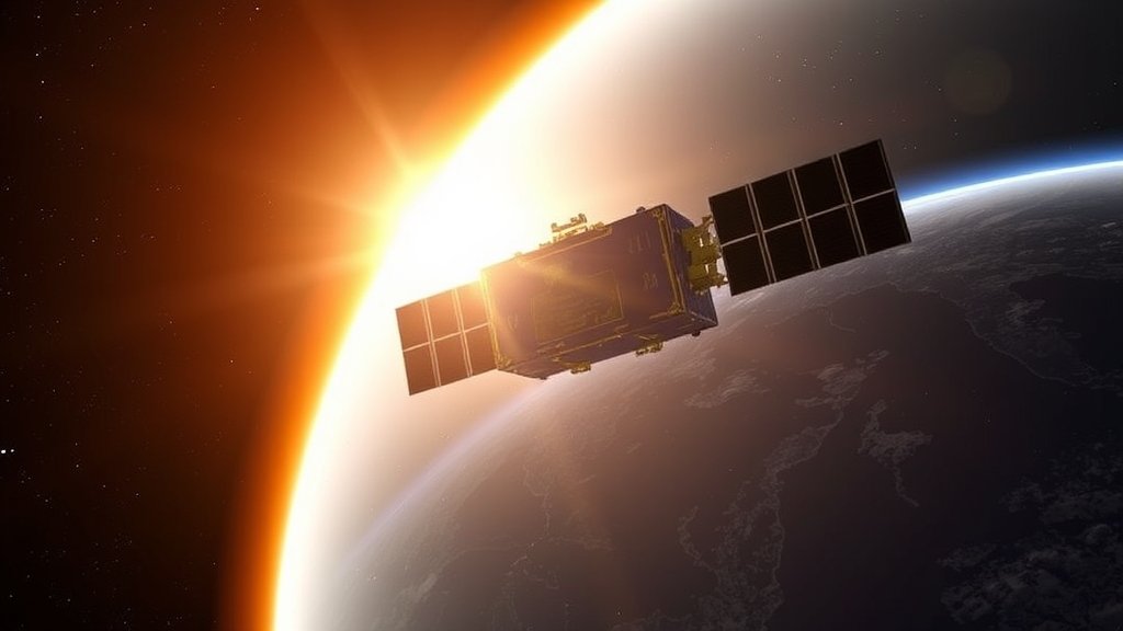 An illustration of the Aditya L1 spacecraft in space, with the sun in the background and the Earth visible in the distance, highlighting the mission's purpose of studying the sun and its impact on the solar system.