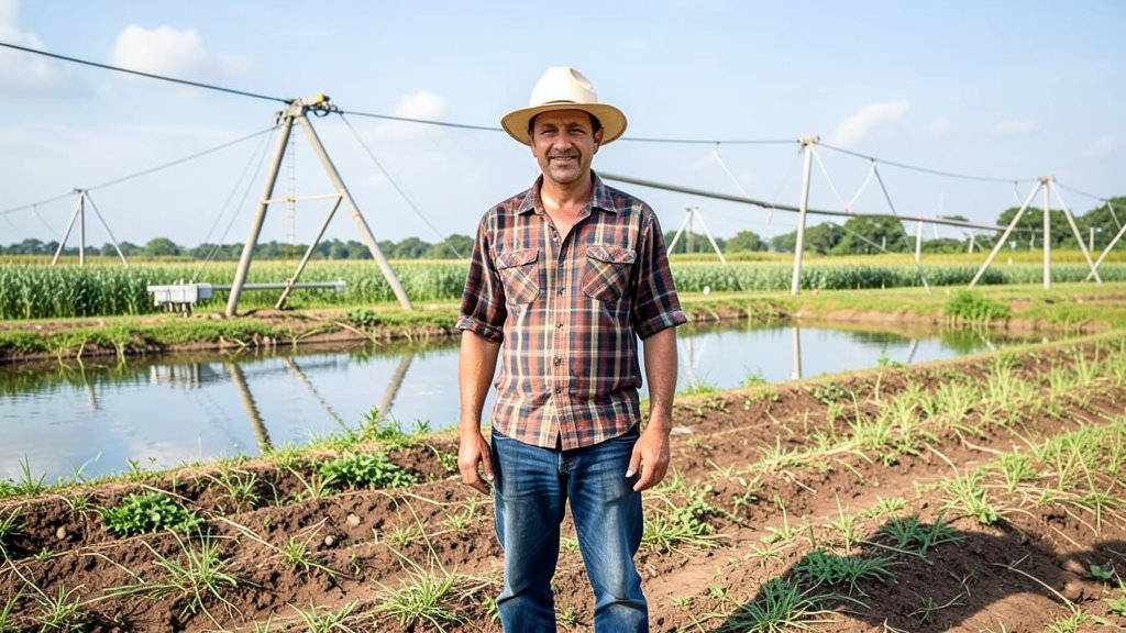 A photograph of a farmer standing in a field, with a background of a irrigation system and a water source, highlighting the importance of water quality in agriculture