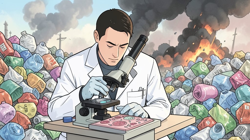 An illustration of a scientist using a microscope to analyze human tissue samples for microplastics, with a background of plastic waste and pollution.