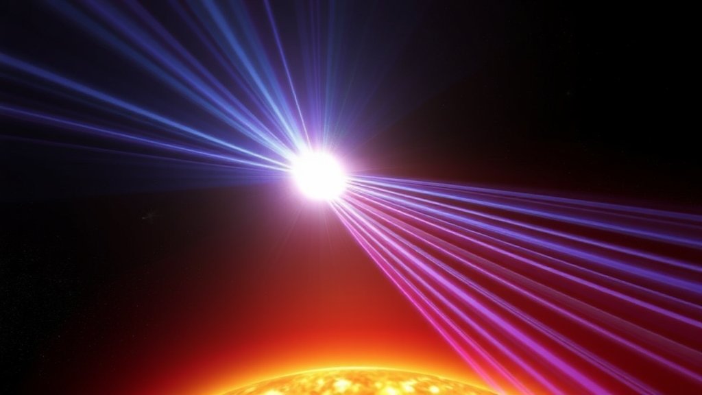 An illustration of a solar flare emitting gamma rays, with a background of the sun's corona and a few stars in the distance.