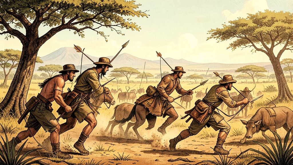 An illustration of ancient hunters using poison arrows to hunt animals in a savannah environment