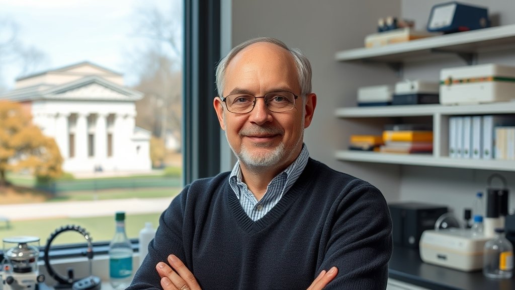 A photo of Professor Konstantin Goulianos in his laboratory, surrounded by equations and scientific equipment, with a subtle background image of the Rockefeller University campus