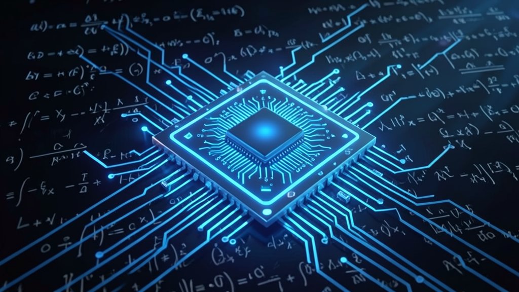 A futuristic illustration of a quantum computer chip with glowing blue circuits and a background of complex mathematical equations