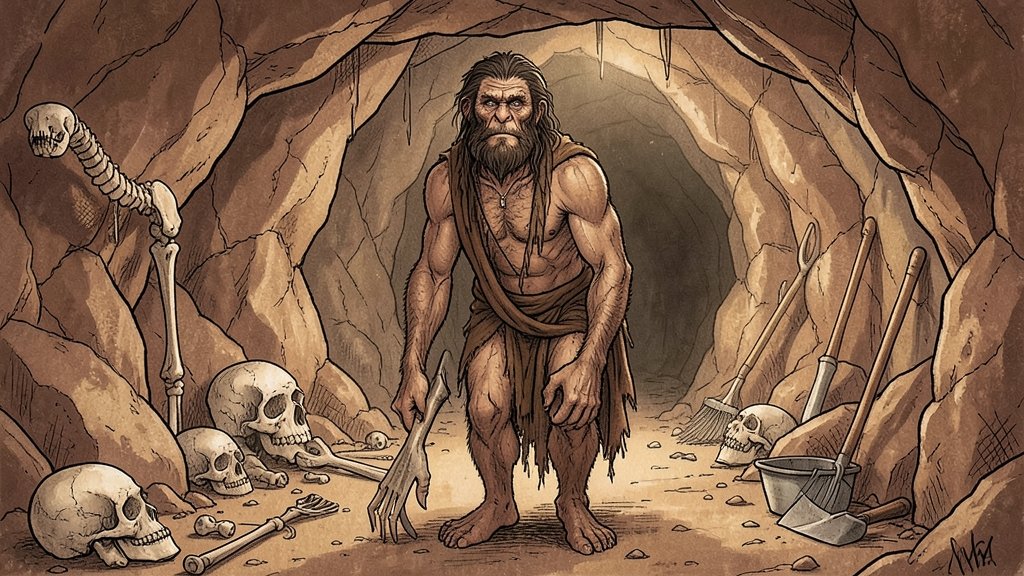 An illustration of a ancient human ancestor in a Moroccan cave, with a background of fossils and excavation tools