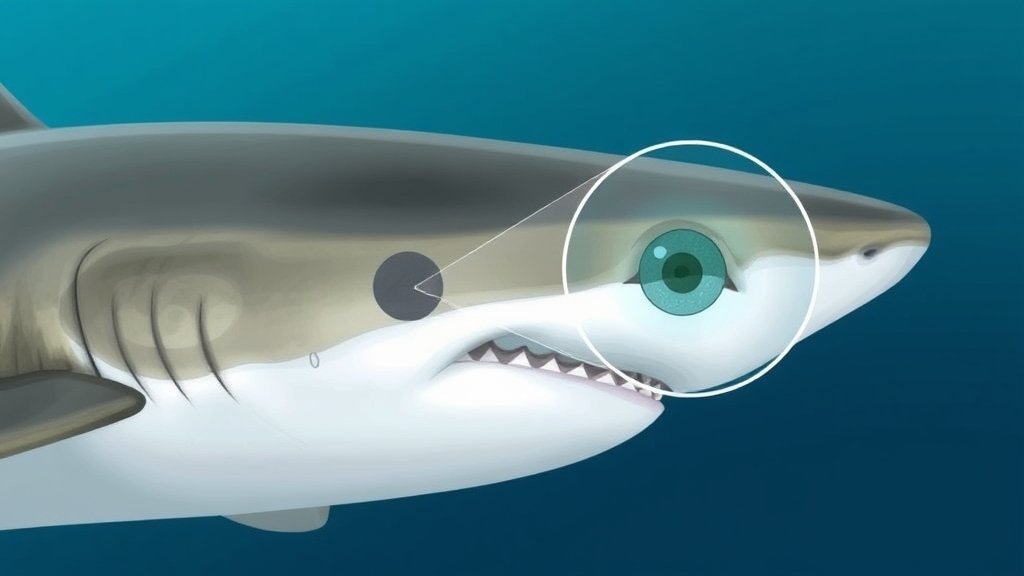 An illustration of a Greenland shark with a close-up of its eye, highlighting the unique DNA repair mechanism that helps maintain its vision for centuries.