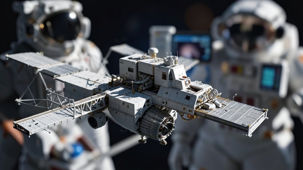 An image of the International Space Station with a spaceship docked, and a blurred image of astronauts in the background, with a subtle hint of a medical kit or a health monitor.