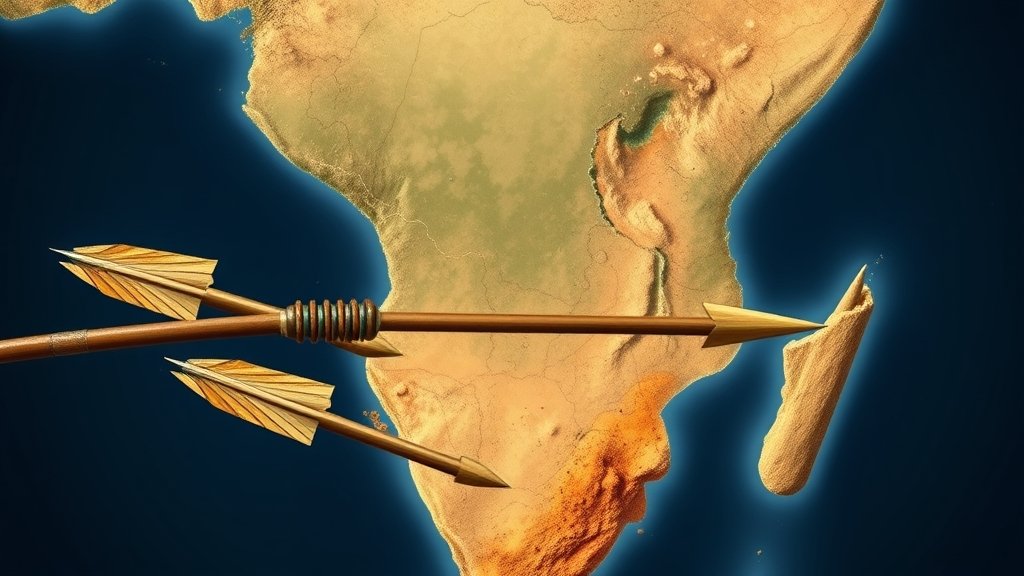 A detailed illustration of ancient poison arrows with a map of South Africa in the background, highlighting the region where the oldest evidence of poison use in hunting was discovered