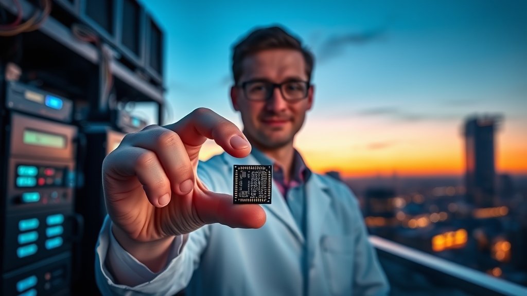 A high-contrast image of a researcher in a lab coat holding a small chip with nanolasers printed on it, with a background of quantum computing equipment and a cityscape at dusk.