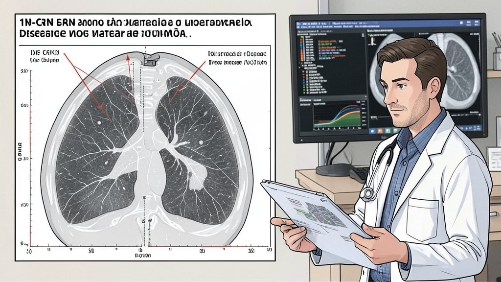 A detailed illustration of a 1D-CNN model analyzing a lung scan image to diagnose lung disease, with a doctor reviewing the results in the background