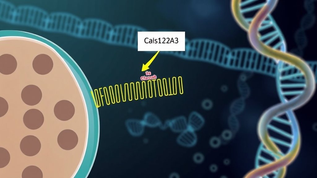 An illustration of the Cas12a3 enzyme targeting and cleaving tRNA in a bacterial cell, with a background of DNA double helix and RNA molecules.