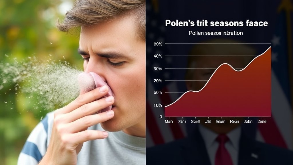 A split-screen image with a person sneezing due to pollen on one side and a graph showing the increase in pollen season duration on the other, with a subtle background hinting at political division