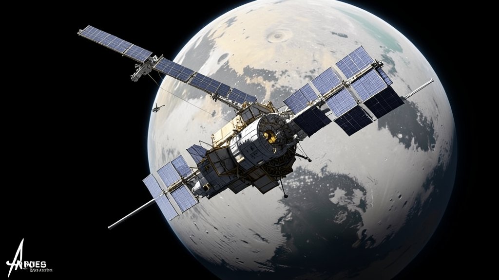 A detailed illustration of the Cassini spacecraft orbiting Titan, with a subtle representation of the moon's surface and subsurface features, highlighting the absence of a subsurface ocean.