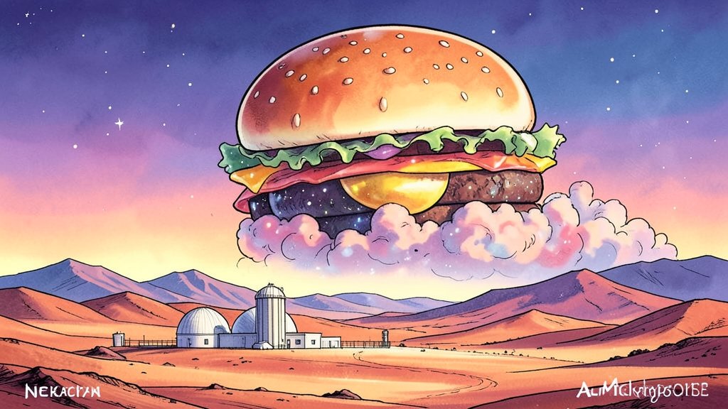 A colorful illustration of the ALMA Observatory in the Atacama Desert, with a giant hamburger-shaped cloud of gas and dust in the background, representing the "cosmic hamburger" that offers clues to giant planet formation.