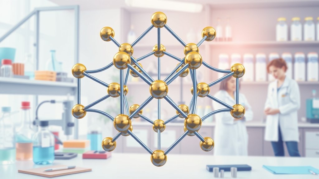 An illustration of a metal organic framework structure with a background of laboratory equipment and scientists working together to discover new materials.