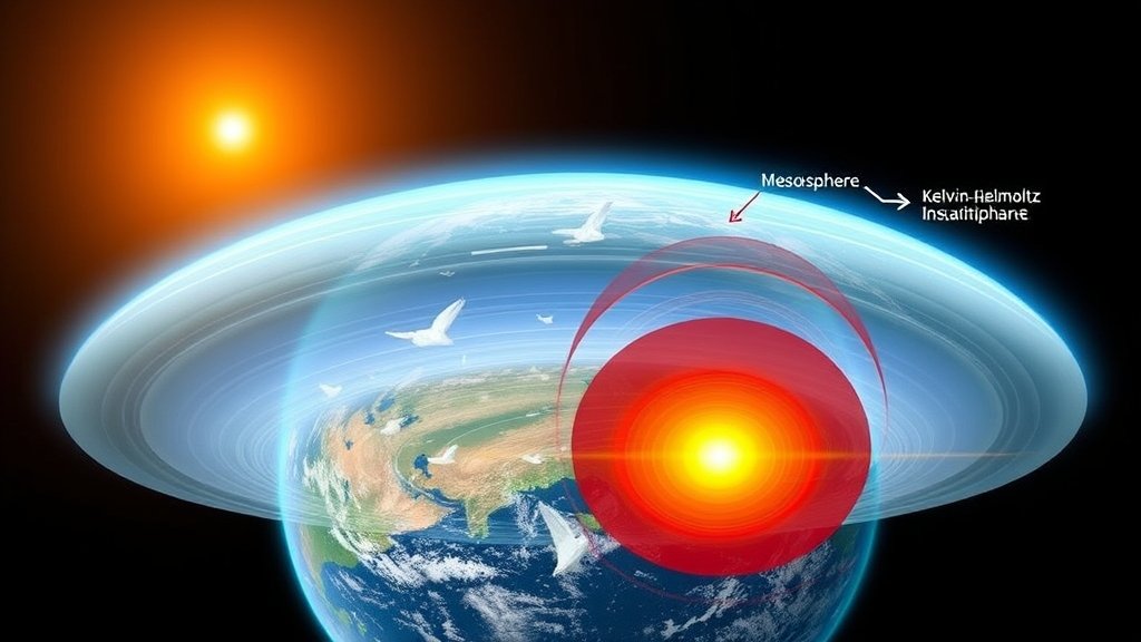 A detailed illustration of the Earth's atmosphere, highlighting the mesosphere and lower thermosphere, with gravity waves and Kelvin-Helmholtz instability visualized as interacting phenomena.