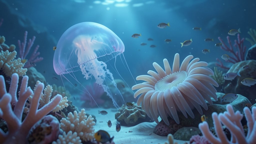 A serene underwater scene with a jellyfish and a sea anemone sleeping, surrounded by soft coral and schools of small fish, with a subtle glow of moonlight in the background.