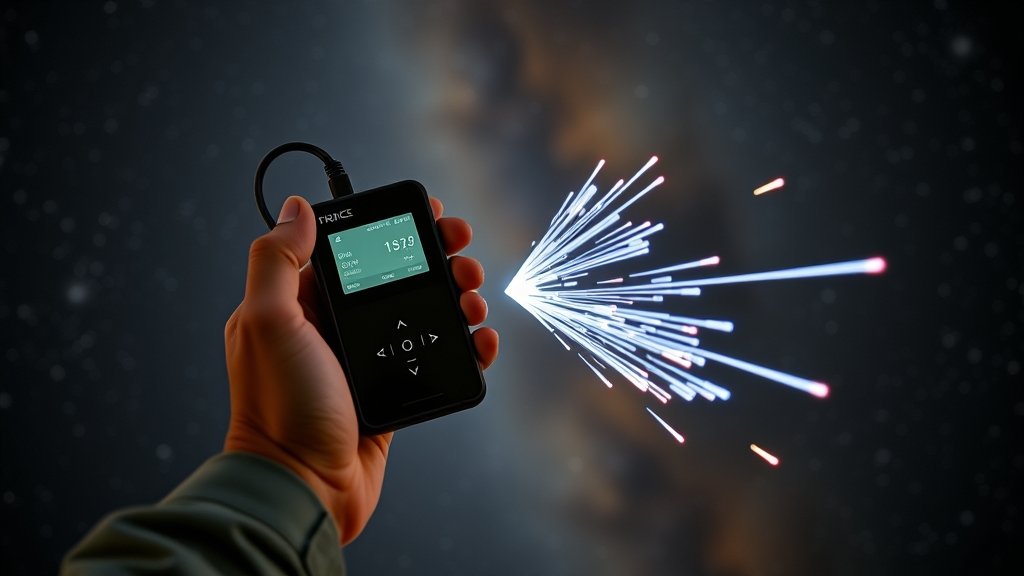 A person holding a handheld device that detects space particles, with a background of stars and galaxies