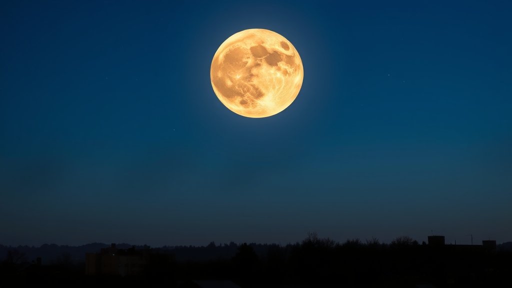 A high-resolution image of a supermoon rising over a cityscape with a dark blue sky and stars visible in the background