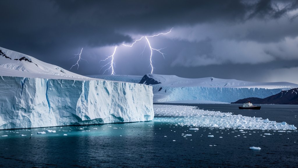 A dramatic image of the Thwaites Glacier in Antarctica, with a massive iceberg calving in the foreground and a research ship in the distance, set against a backdrop of a stormy sky with lightning illuminating the clouds.