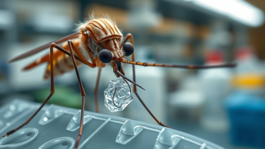 A detailed image of a mosquito's proboscis being used as a 3D printing tool, with a microscopic view of the printing process and a background of a laboratory setting