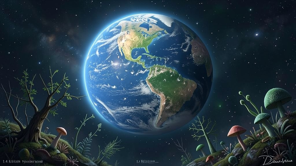 An artist's impression of the Earth's atmosphere 1.4 billion years ago, with a fair climate and oxygenated atmosphere, including ancient plants and microorganisms.