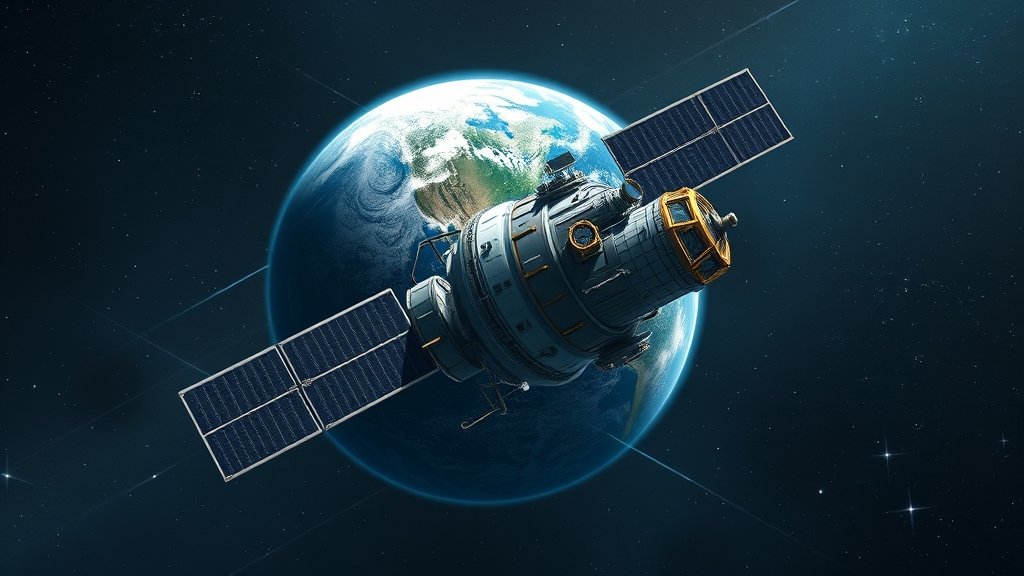 A detailed illustration of a large space telescope in orbit around the Earth, with a subtle background of stars and galaxies.