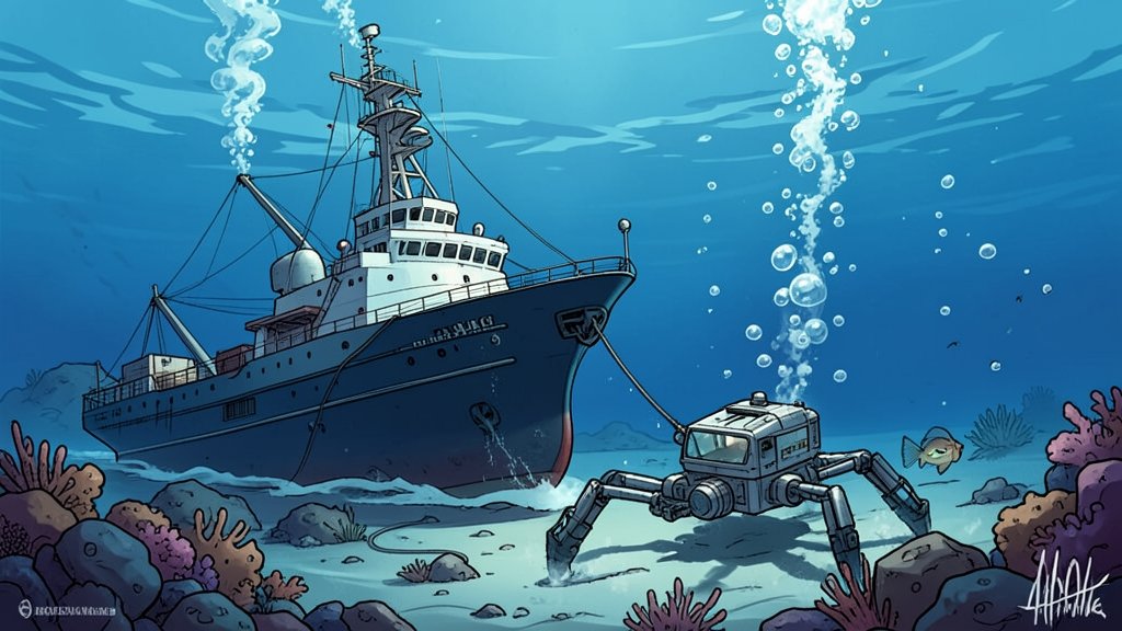An illustration of a research vessel on the ocean, with a remotely operated underwater vehicle (ROV) exploring the seafloor, surrounded by methane bubbles rising to the surface.