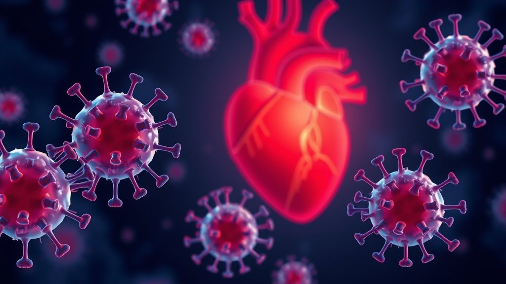 An illustration of immune cells in night mode, with a faint image of a heart in the background, symbolizing the reduction of heart attack damage.