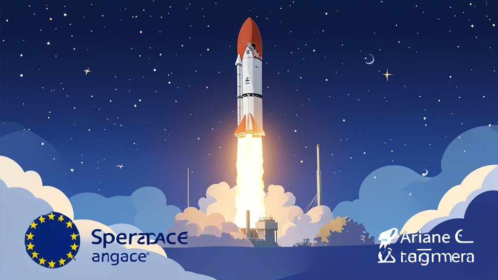 An illustration of the Ariane 6 rocket launching into space, with the European Space Agency's logo in the foreground.