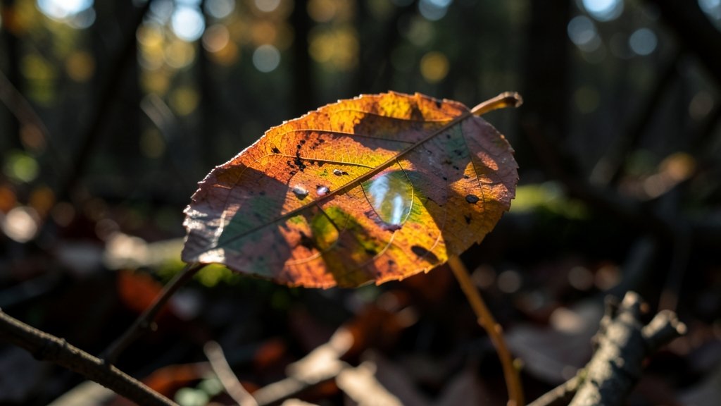 A photograph of a dying forest with a close-up of a leaf reflecting sunlight, highlighting the changes in color and texture that can indicate the health of the tree.