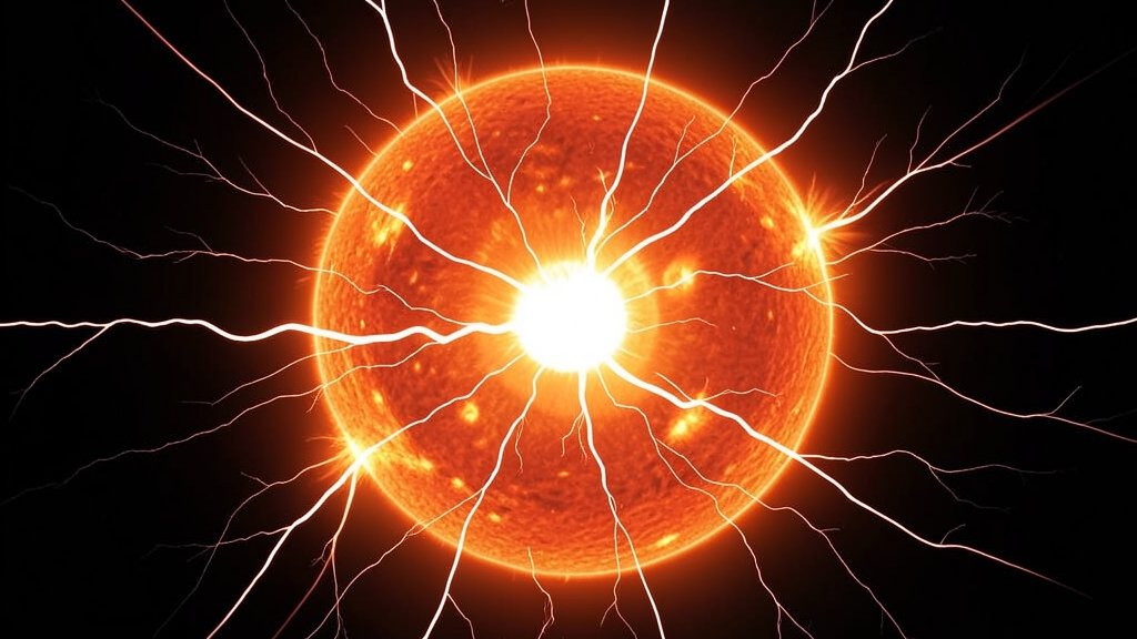 an illustration of a solar flare with a hidden source of gamma rays, showing the sun's corona and the magnetic field lines