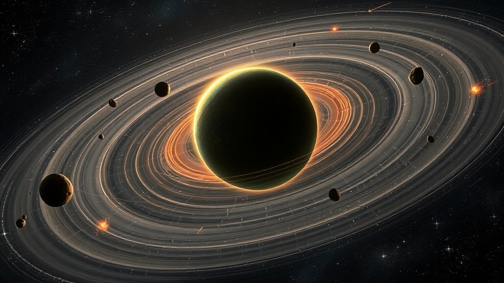 An illustration of a protoplanetary disk with a newly formed planet in the center, surrounded by asteroids and comets