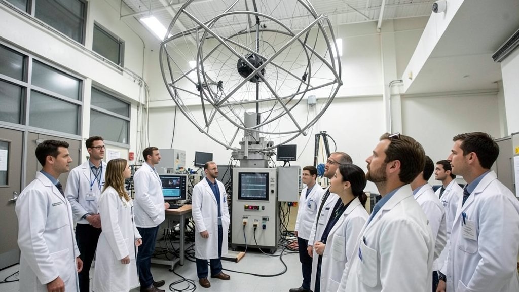 A photo of the Fermilab laser lab with a large atom interferometer in the background, surrounded by scientists and researchers in lab coats.
