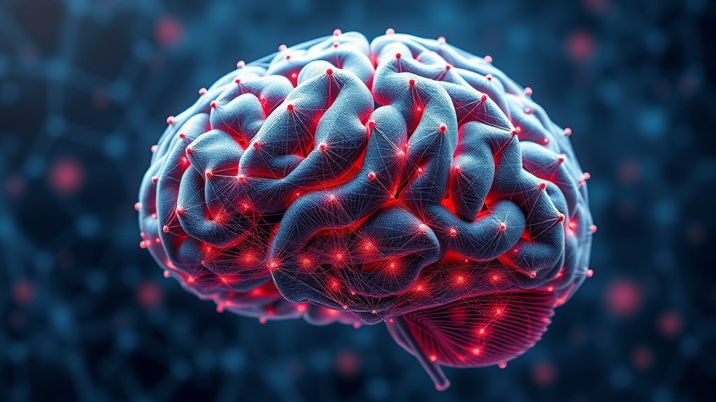 A visual representation of the human brain's neural network with optimized surface design, highlighting the application of string theory in understanding its architecture