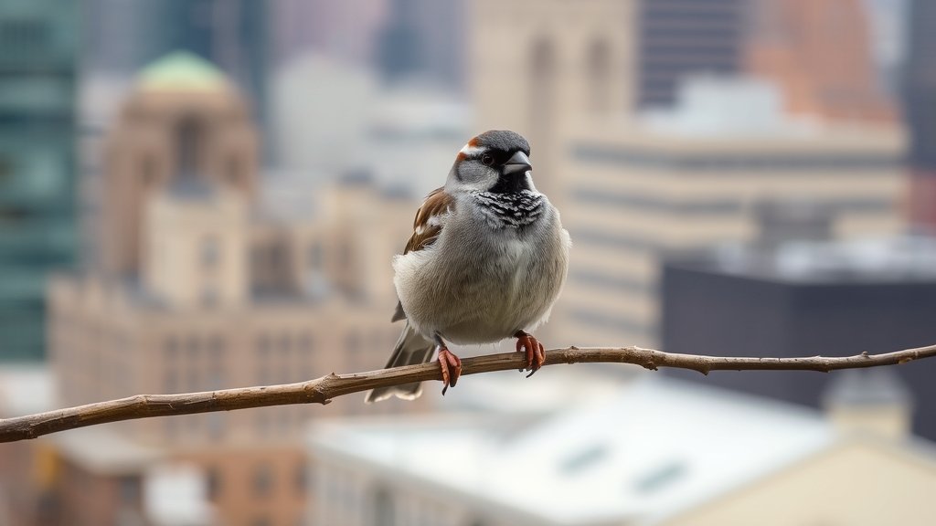 A photo of a house sparrow perched on a branch with a blurred cityscape in the background, symbolizing the bird's adaptability to urban environments