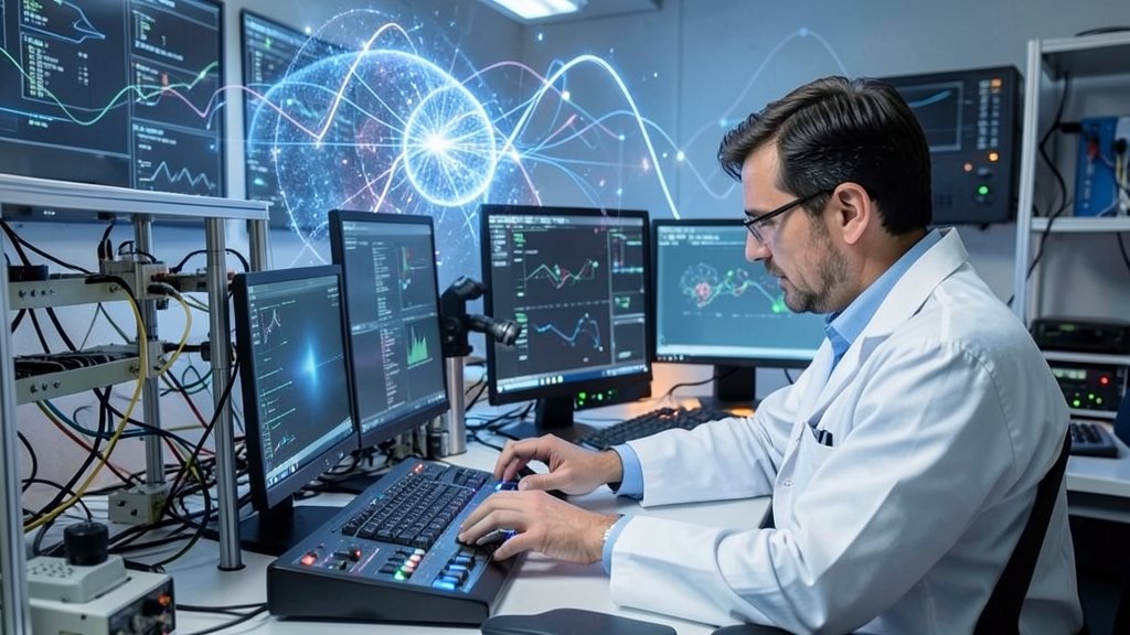 An image of a scientist working in a laboratory with quantum computing equipment, with a background that represents the concept of quantum mechanics.